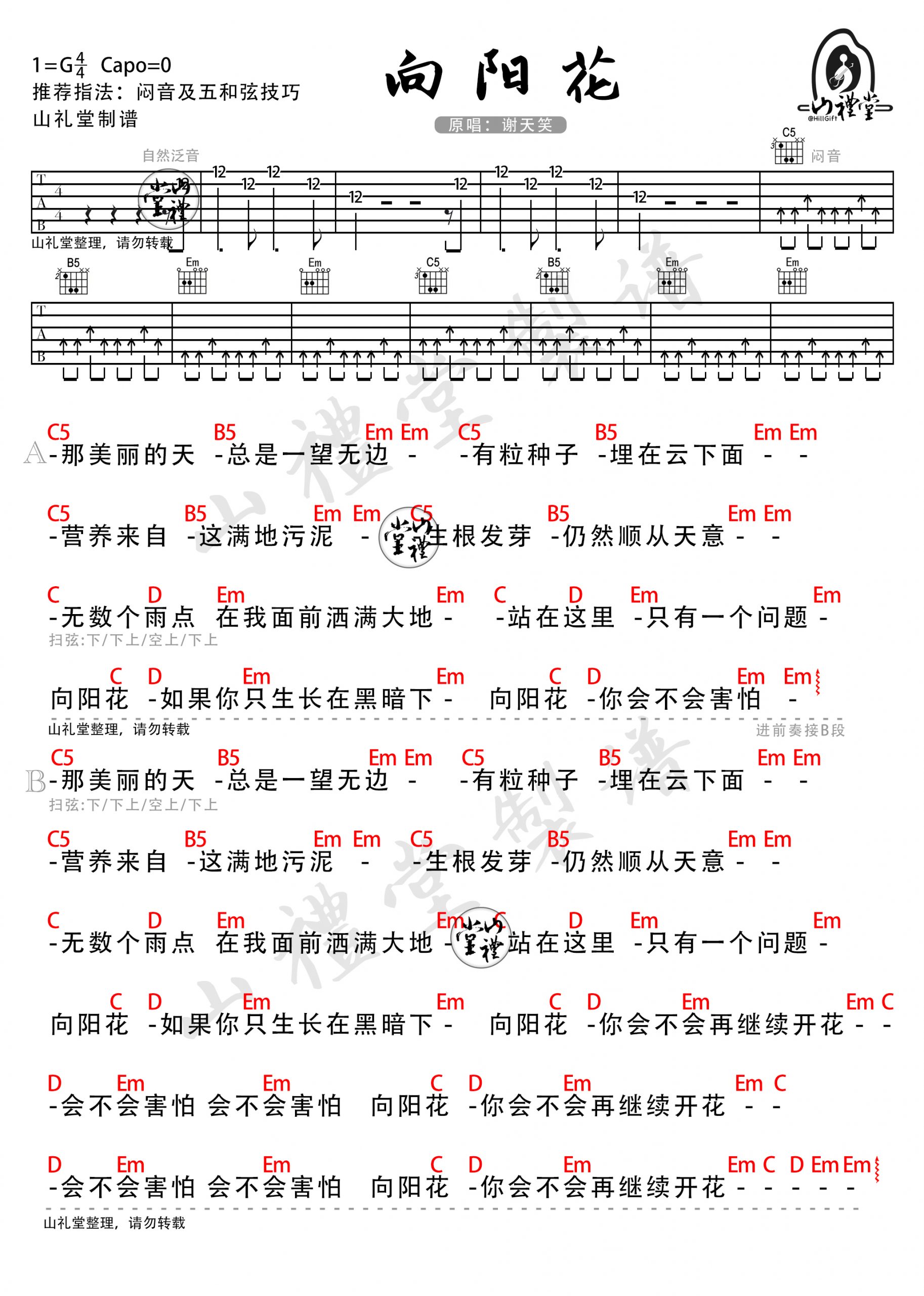 谢天笑《向阳花》吉他谱